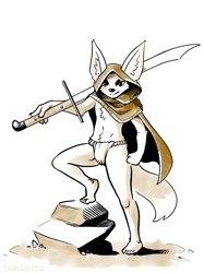 Size: 2048x2732 | Tagged: safe, artist:tamlin123, oc:adom (sigmundringeck1438), anthro, boy, male, plantigrade, slender, solo boy, solo male, solo teen, teen, twink, young, limited palette, cape, fundoshi, fur, loincloth, object on shoulder, precum, solo, sword, tan fur, weapon