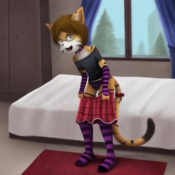 Size: 2700x2700 | Tagged: safe, artist:bunnypaint, oc:minime, big cat, felid, mammal, tiger, anthro, boy, cub, femboy, male, plantigrade, solo boy, solo cub, solo male, young, arm warmers, bedroom, black fur, brown hair, caught, clothing, crossdressing, fang, fur, getting dressed, glasses, indoors, orange fur, panties, skirt, socks, solo, striped socks, stripes, tail, tank top, teeth, underwear