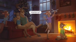 Size: 5000x2813 | Tagged: safe, artist:zaush, bambi, faline, mena, ronno, the great prince of the forest, cervid, deer, mammal, mule deer, new world deer, anthro, anthro/anthro, cub, female, male, young, bambi movie, holiday, antlers, bottomless, brown fur, butt, christmas tree, clothing, cloven hooves, couch, crossed legs, detailed background, dialogue, english text, exhibitionism, eyes closed, family, fireplace, fur, group, hooves, husband and wife, indoors, living room, nighttime, on couch, on ground, playing, raised leg, sitting, smiling, stockings, tail, text, toes, toy, toy plane, tree, window