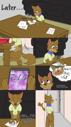 Size: 1080x1920 | Tagged: suggestive, artist:misterpickleman, oc:taylor knight, canid, coyote, mammal, wolf, anthro, anthro/anthro, boy, cub, female, male, solo boy, solo cub, solo female, solo girl, solo male, young, series:airedale, bottomless, brown fur, brown nose, claws, clothing, collar, couch, creating art, dialogue, drawing, english text, fur, furniture, hungry, mobile phone, phone, solo, table, text, thought bubble