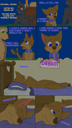Size: 1080x1920 | Tagged: suggestive, artist:misterpickleman, oc:taylor knight, oc:tristan knight, oc:victor mccain, big cat, canid, cat, coyote, felid, mammal, panther, wolf, anthro, anthro/anthro, cub, female, male, male/female, young, comic:sleepover, series:airedale, age difference, bed, black fur, breasts, brown fur, collar, dialogue, english text, flat breasts, fur, furniture, in heat, nipples, nudity, open mouth, smiling, text, tongue, trio