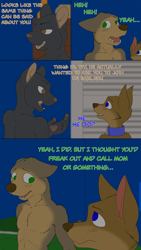Size: 1080x1920 | Tagged: suggestive, artist:misterpickleman, oc:taylor knight, oc:tristan knight, oc:victor mccain, canid, coyote, felid, mammal, panther, anthro, anthro/anthro, cub, female, male, young, comic:sleepover, series:airedale, black fur, blue eyes, brother and sister, brother/sister, brown eyes, brown fur, collar, dialogue, english text, fur, green eyes, incest, nudity, sibling incest, sibling/sibling, siblings, text, trio