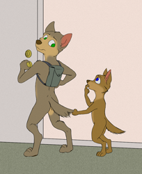 Size: 824x1010 | Tagged: safe, artist:misterpickleman, oc:taylor knight, oc:tristan knight, canid, coyote, hybrid, mammal, wolf, anthro, anthro/anthro, boy, cub, cub/cub, female, girl, male, male/female, young, series:airedale, colored, digital, flat colored, blue eyes, brown fur, duo, fur, green eyes, nudity, sucking finger, tail grab