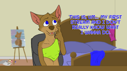 Size: 1920x1080 | Tagged: safe, artist:misterpickleman, oc:taylor knight, canid, coyote, mammal, anthro, cub, female, girl, solo cub, solo female, solo girl, young, comic:taylor's livestream, series:airedale, colored, digital, flat colored, 5 fingers, bed, bedroom, blue eyes, brown fur, crop top, desk, dialogue, english text, fingers, fur, gesture, indoors, live stream, looking at you, navel, on chair, sitting, solo, talking to you, waving