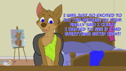 Size: 1920x1080 | Tagged: safe, artist:misterpickleman, oc:taylor knight, canid, coyote, mammal, anthro, cub, female, girl, solo cub, solo female, solo girl, young, comic:taylor's livestream, series:airedale, colored, digital, flat colored, 5 fingers, bed, bedroom, blue eyes, brown fur, crop top, desk, dialogue, english text, fingers, fur, gesture, indoors, live stream, looking at you, navel, on chair, sitting, solo, talking to you, waving