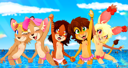 Size: 5677x3047 | Tagged: suggestive, artist:piporete, oc:kaiti (piporete), oc:katy (piporete), oc:keiko sakmat, oc:minami (piporete), oc:zoe heartfields, big cat, cervid, deer, felid, lagomorph, lion, mammal, rabbit, saber-toothed tiger, anthro, anthro/anthro, cub, cubs only, female, girl, girls only, young, 4 fingers, accessory, beach, bikini, bikini bottom, blue eyes, blurred background, blushing, breasts, brown fur, clothing, cloud, daytime, detailed background, fang, fingers, flat breasts, friends, frilly clothing, fur, glasses, green eyes, group, hair, hand holding, happy, hat, heart, heart panties, looking at you, navel, nipples, nudity, one eye closed, orange fur, outdoors, panties, pink bikini bottom, public, public nudity, red eyes, sea, seascape, sky, small breasts, sunlight, swimwear, swimwear pull, teasing, teeth, text, topless, underwear, underwear pull, waistband pull, water, wet, winking, winking at you, yellow eyes