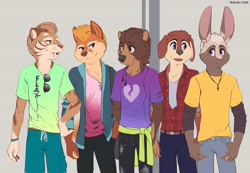 Size: 4000x2760 | Tagged: safe, artist:shiuk, bear, big cat, canid, dog, felid, fox, lagomorph, mammal, rabbit, red fox, saber-toothed tiger, ursine, anthro, boy, boys only, male, males only, young, colored, digital, flat colored, brown fur, clothing, fully clothed, fur, group, jacket, line up, open jacket, sabertoothed, shirt, t-shirt, tan fur