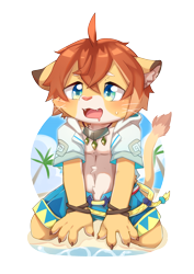 Size: 2480x3508 | Tagged: safe, artist:kewcat, teo, big cat, felid, feline, lion, mammal, anthro, boy, cub, male, solo boy, solo cub, solo male, young, world flipper, beach, blue eyes, clothing, fur, hair, kemono, kemoshota, kneeling, on ground, orange hair, shorts, skimpy outfit, solo, wet, white fur, yellow fur