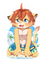 Size: 2480x3508 | Tagged: safe, artist:kewcat, teo, big cat, felid, feline, lion, mammal, anthro, boy, cub, male, solo boy, solo cub, solo male, young, world flipper, alternate version, beach, blue eyes, clothing, fur, hair, kemono, kemoshota, kneeling, on ground, orange hair, shorts, skimpy outfit, solo, swimsuit, topless, wet, white fur, yellow fur