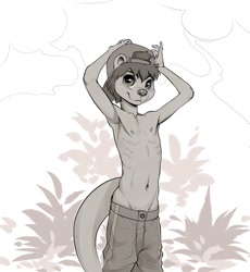 Size: 1180x1280 | Tagged: safe, artist:diman, oc:rokuke, mammal, mustelid, otter, anthro, boy, cub, male, slender, solo boy, solo cub, solo male, young, digital, fully shaded, grayscale, limited palette, ball cap, blushing, clothing, fur, hair, hat, navel, nipples, pants, solo, topless, v lines