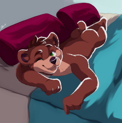 Size: 2753x2786 | Tagged: safe, artist:suchaeliott, bear, mammal, ursine, anthro, boy, cub, male, solo boy, solo cub, solo male, young, 4 fingers, brown fur, brown hair, butt, fur, green eyes, lying, on bed, on front, solo, tail, winking