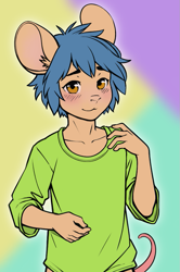 Size: 679x1024 | Tagged: safe, artist:kewpit, oc:kewpit, hamster, hybrid, mammal, mouse, rodent, anthro, boy, male, slender, solo boy, solo male, solo teen, teen, twink, young, colored, digital, flat colored, 5 fingers, blushing, clothing, fingers, fur, looking at you, portrait, solo, tail