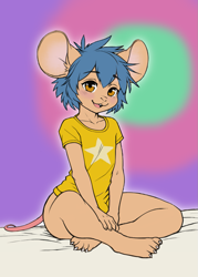 Size: 881x1229 | Tagged: safe, artist:kewpit, oc:kewpit, hamster, mammal, mouse, rodent, anthro, boy, male, slender, solo boy, solo male, solo teen, teen, twink, young, colored, digital, flat colored, 2023, 4 toes, blue hair, blushing, bottomless, brown eyes, buckteeth, bulge, clothing, fur, hair, looking at you, on bed, shirt, sitting, smiling, solo, t-shirt, toe claws