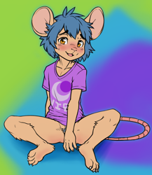 Size: 886x1023 | Tagged: suggestive, artist:kewpit, oc:kewpit, hamster, hybrid, mammal, mouse, rodent, anthro, boy, male, plantigrade, slender, solo boy, solo male, solo teen, teen, twink, young, colored, digital, flat colored, 2023, 4 toes, 5 fingers, blue hair, blushing, bottomless, brown eyes, clothing, feet, fingers, fur, hair, looking at you, open legs, pubic fur, solo, sweat, tan fur, toe claws