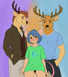 Size: 1352x1519 | Tagged: safe, artist:kewpit, oc:kewpit, oc:lawrance (kewpit), oc:wyatt (kewpit), cervid, deer, hamster, mammal, mouse, rodent, adult, anthro, anthro/anthro, boy, male, males only, slender, teen, twink, young, 2023, blue eyes, blue hair, blushing, brown eyes, brown fur, brown hair, clothing, fur, hair, purple eyes, smiling, suit, tan fur, trio
