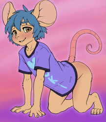 Size: 887x1024 | Tagged: safe, artist:kewpit, oc:kewpit, hamster, mammal, mouse, rodent, anthro, boy, male, slender, solo boy, solo male, solo teen, teen, twink, young, colored, digital, flat colored, 2023, 4 toes, 5 fingers, blushing, bottomless, brown eyes, clothing, fingers, fur, looking at you, shirt, solo, t-shirt, tail