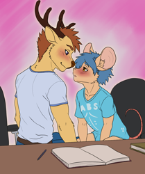 Size: 1024x1224 | Tagged: safe, artist:kewpit, oc:kewpit, cervid, deer, hamster, mammal, mouse, rodent, adult, anthro, anthro/anthro, boy, male, male/male, males only, man, slender, teen, twink, young, colored, digital, flat colored, 2023, blue hair, blushing, brown eyes, brown hair, bulge, clothing, duo, fur, hair, imminent kiss, looking at another, looking at each other, purple eyes, shirt, t-shirt, tan fur