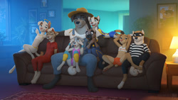 Size: 1800x1012 | Tagged: safe, artist:zaush, oc:ash (zaush), oc:mandy (zaush), oc:mr. richardson, calico, canid, cat, dog, felid, husky, labrador, mammal, shiba inu, adult, adult/cub, adult/young, anthro, anthro/anthro, boy, cub, female, male, young, holiday, age difference, anus, balls, bedroom eyes, casual nudity, clothing, costume, flat breasts, fur, glasses, group, hair, hands behind head, happy, humanoid genitalia, humanoid vulva, leotard, looking pleasured, narrowed eyes, nipples, nudity, open legs, open mouth, sheath, shorts, sitting, spreading, tail, teeth, tongue, vulva