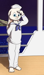 Size: 1357x2308 | Tagged: safe, artist:orgunis, collaboration, colorist:jeffy cottonbun, oc:kevin snowpaw, lagomorph, lapine, mammal, rabbit, rodent, anthro, boy, cub, male, solo boy, solo cub, solo male, young, 4 toes, balls, barefoot, bed, feet, fur, sailing, sailor, solo, white fur