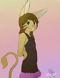 Size: 1542x2000 | Tagged: safe, artist:bastion shadowpaw, oc:arkaid, cabbit, cat, felid, hybrid, lagomorph, mammal, rabbit, anthro, boy, cub, femboy, male, solo boy, solo cub, solo male, young, colored, digital, flat colored, fully clothed, fur, green eyes, looking at you, solo, tail, tan fur