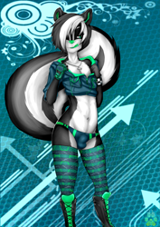 Size: 2893x4092 | Tagged: safe, artist:bastion shadowpaw, oc:jake (bastion), mammal, mustelid, skunk, anthro, boy, male, slender, solo boy, solo male, solo teen, teen, twink, young, colored, digital, fully shaded, black fur, bulge, crossdressing, fur, hair, licking lips, neon, solo, undressing, undressing self, white fur