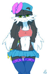 Size: 603x949 | Tagged: safe, artist:bubbleglass, klonoa, cabbit, cat, felid, hybrid, lagomorph, mammal, rabbit, anthro, boy, cub, femboy, male, male/male, solo male, young, klonoa series, ball cap, black fur, bow, clothing, fur, green eyes, hat, long ears, looking at you, miniskirt, panties, skirt, solo, stockings, thong, tight clothing, underwear, white fur