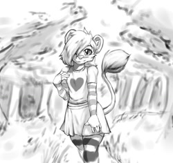 Size: 1353x1279 | Tagged: safe, artist:bubbleglass, big cat, felid, lion, mammal, anthro, boy, cub, femboy, male, solo boy, solo cub, solo male, young, grayscale, sketch, 2015, arm warmers, blushing, coy, forest, fur, leg warmers, outdoors, park, skirt, solo, stockings, striped socks, tank top