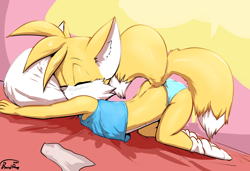 Size: 2460x1686 | Tagged: safe, artist:bubbleglass, miles prower, canid, fox, hedgehog, kitsune, mammal, rodent, anthro, boy, cub, femboy, male, plantigrade, solo boy, solo cub, solo male, young, sonic series, bed, blushing, clothing, eyes closed, fur, lying, multiple tails, on all fours, on bed, panties, sleeping, socks, solo, underwear
