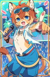 Size: 2561x3947 | Tagged: safe, artist:touhunight, teo, big cat, felid, feline, lion, mammal, anthro, boy, cub, male, slender, solo boy, solo cub, solo male, young, world flipper, 5 fingers, blue eyes, claws, fang, fingers, fur, gesture, hair, open mouth, open shirt, orange hair, pawpads, pointing, singing, solo, sunglasses, sweat, teeth, white fur, yellow fur