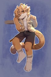 Size: 1000x1500 | Tagged: safe, artist:ningning, cat, felid, mammal, anthro, boy, cub, male, plantigrade, solo boy, solo cub, solo male, young, 2022, 4 fingers, amber eyes, fur, kemono, kemoshota, open shirt, shorts, socks, solo, tan fur, tan hair, white fur