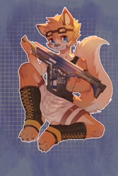 Size: 1000x1500 | Tagged: safe, artist:ningning, anthro, boy, cub, male, plantigrade, solo boy, solo cub, solo male, young, cel shaded, colored, digital, 4 toes, bandage, fur, goggles, goggles on head, gun, kemono, kemoshota, looking at you, orange fur, shorts, solo, tail, toe claws, weapon