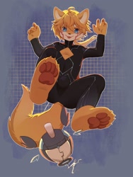Size: 1500x2000 | Tagged: safe, artist:ningning, canid, mammal, anthro, boy, cub, male, plantigrade, solo boy, solo cub, solo male, young, 4 fingers, blep, blue eyes, boob window, bulge, claws, fur, kemono, kemoshota, latex, looking at you, pawpads, solo, tail, tongue out