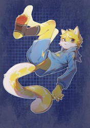 Size: 1444x2048 | Tagged: safe, artist:ningning, cat, felid, mammal, anthro, boy, cub, male, plantigrade, solo boy, solo cub, solo male, young, clothing, fur, hoodie, legs up, looking at you, pawpads, paws, shorts, solo, toe claws, white fur, yellow fur