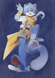 Size: 1444x2048 | Tagged: safe, artist:ningning, anthro, boy, cub, male, plantigrade, slender, solo boy, solo cub, solo male, young, blep, fang, fur, kemono, kemoshota, looking at you, one sock on, pawpads, shorts, socks, solo, suspenders, tail, teeth, toe claws, tongue, tongue out