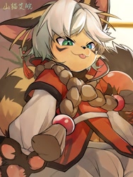 Size: 1536x2048 | Tagged: safe, artist:baowenshanmao, canid, fox, mammal, anthro, boy, cub, male, solo boy, solo cub, solo male, young, digital, 4 fingers, blep, blue eyes, chinese outfit, fur, green eyes, hair, heterochromia, kemono, kemoshota, paws, solo, tan fur, tongue out