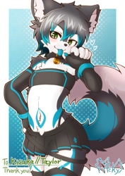 Size: 1413x2000 | Tagged: safe, artist:acky, oc:taylor (kisuka), canid, mammal, anthro, boy, cub, male, slender, solo boy, solo cub, solo male, solo teen, teen, twink, young, 5 fingers, black fur, blue fur, blushing, fingerless gloves, fingers, fur, green eyes, kemono, kemoshota, looking at you, miniskirt, pawpads, skirt, solo, tail, white fur