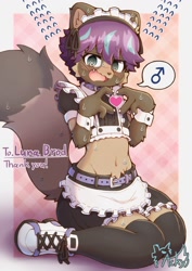 Size: 1413x2000 | Tagged: safe, artist:acky, oc:luna brod, anthro, boy, male, slender, solo boy, solo male, solo teen, teen, twink, young, 4 fingers, blushing, embarrassed, fur, heart, kneeling, maid outfit, navel, shoes, sneakers, solo, stockings, sweat
