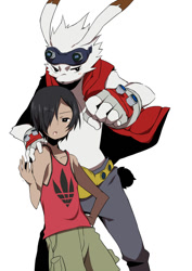 Size: 500x707 | Tagged: safe, artist:konbu, kazuma ikezawa, king kazma, human, lagomorph, mammal, rabbit, anthro, boy, kid, male, males only, young, summer wars, 5 fingers, belt, black eyes, clothing, duo, fingers, fist, fur, gloves, goggles, goggles on head, hair, hair over one eye, looking at you, open mouth, pants, shotacon, tail, tank top, vest, white fur