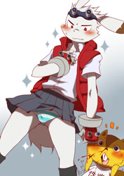 Size: 620x876 | Tagged: suggestive, artist:konbu, king kazma, polly possum, lagomorph, mammal, rabbit, squirrel, anthro, boy, boy focus, chibi, femboy, male, males only, slender, teen, teen focus, twink, young, summer wars, annoyed, blood, blushing, bulge, clothing, crossdressing, cutaway, duo, fur, goggles, goggles on head, looking at partner, nose bleed, panties, reaction cutaway, skirt, underwear, upskirt