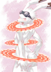 Size: 800x1131 | Tagged: suggestive, artist:shaolin bones, king kazma, lagomorph, mammal, rabbit, anthro, boy, male, slender, solo boy, solo male, solo teen, teen, twink, young, summer wars, blushing, butt, fur, goggles, goggles on head, looking at you, nipples, nudity, solo