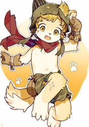 Size: 1050x1500 | Tagged: safe, artist:thebrushking, hack montblanc, canid, caninu, corgi, dog, mammal, welsh corgi, anthro, boy, cub, male, solo boy, solo cub, solo male, young, fuga: melodies of steel, little tail bronx, action pose, armor, blonde hair, chest tuft, claws, clothing, fang, fur, furgonomics, gloves, hair, helmet, military helmet, navel, nipples, open mouth, posing, scar, scarf, shorts, smiling, solo, tan fur, teeth, topless, yellow eyes