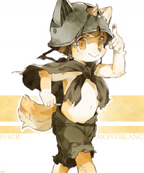 Size: 1500x1800 | Tagged: safe, artist:thebrushking, hack montblanc, canid, caninu, mammal, anthro, boy, cub, male, solo boy, solo cub, solo male, young, fuga: melodies of steel, little tail bronx, 5 fingers, armor, cape, clothing, fingers, fur, furgonomics, helmet, military helmet, shorts, smiling, solo