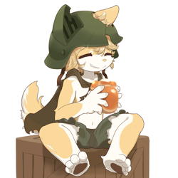 Size: 1201x1201 | Tagged: safe, artist:bis, hack montblanc, canid, caninu, corgi, dog, mammal, welsh corgi, anthro, boy, cub, male, solo boy, solo cub, solo male, young, fuga: melodies of steel, little tail bronx, 2023, cape, clothing, eating, eyes closed, fur, helmet, military helmet, pawpads, paws, shorts, smiling, solo
