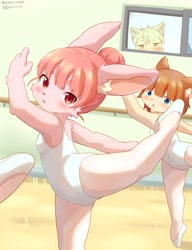 Size: 1572x2048 | Tagged: safe, artist:piporinton, cat, felid, lagomorph, mammal, rabbit, anthro, cub, cubs only, female, female focus, girl, girl focus, girls focus, young, ballet, being watched, blue eyes, blushing, dancing, duo, duo focus, fur, kemololi, kemono, trio focus