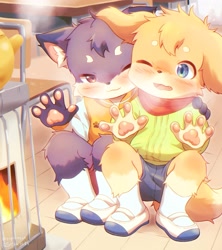 Size: 1818x2048 | Tagged: safe, artist:piporinton, canid, dog, mammal, anthro, anthro/anthro, boy, boys only, cub, cubs only, male, males only, plantigrade, young, 2021, 4 fingers, blue eyes, blushing, brown eyes, duo, fang, fully clothed, fur, kemono, kemoshota, one eye closed, pawpads, paws, shoes, shorts, socks, teeth