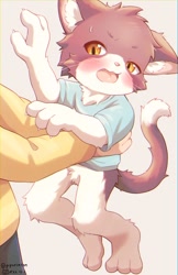 Size: 1329x2048 | Tagged: safe, artist:piporinton, cat, felid, mammal, adult, anthro, anthro/anthro, boy, cub, male, males only, young, 2022, 3 toes, 4 fingers, amber eyes, bottomless, clothing, duo, embarrassed, faceless character, faceless male, featureless crotch, fur, kemono, kemoshota, lifted, solo focus