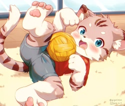 Size: 2048x1745 | Tagged: safe, artist:piporinton, cat, felid, mammal, tabby, anthro, boy, cub, male, solo boy, solo cub, solo male, young, 2022, 3 toes, blue eyes, blushing, fang, fur, kemono, kemoshota, looking at you, lying, on back, pawpads, playing, shorts, solo, tail, tan fur, teeth