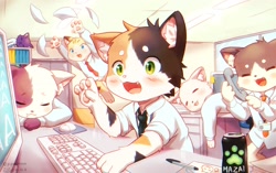 Size: 2048x1290 | Tagged: safe, artist:piporinton, calico, cat, felid, feline, mammal, anthro, boy, boys only, cub, cubs only, male, males only, young, 2022, 4 fingers, blushing, computer keyboard, computer monitor, computer mouse, desk, drooling, eyes closed, fur, group, kemono, kemoshota, necktie, office, pawpads, pen, phone, sleeping, suit