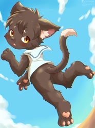Size: 1518x2048 | Tagged: safe, artist:piporinton, cat, felid, mammal, anthro, boy, cub, male, plantigrade, solo boy, solo cub, solo male, young, 3 toes, amber eyes, black fur, bottomless, butt, clothing, daytime, dipstick tail, fur, jumping, kemono, kemoshota, looking at you, pawpads, sky, solo, tail, white fur