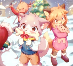 Size: 2048x1853 | Tagged: safe, artist:piporinton, canid, cervid, deer, fox, mammal, adult, anthro, boy, cub, female, girl, male, young, christmas, holiday, antlers, blushing, bone, bone in mouth, boots, bow, christmas tree, clothing, fang, fur, hair, jacket, kemono, kemoshota, off-screen character, orange fur, outdoors, playing, plushie, shoes, shorts, snow, starry eyed, teeth, toy, white fur, winter